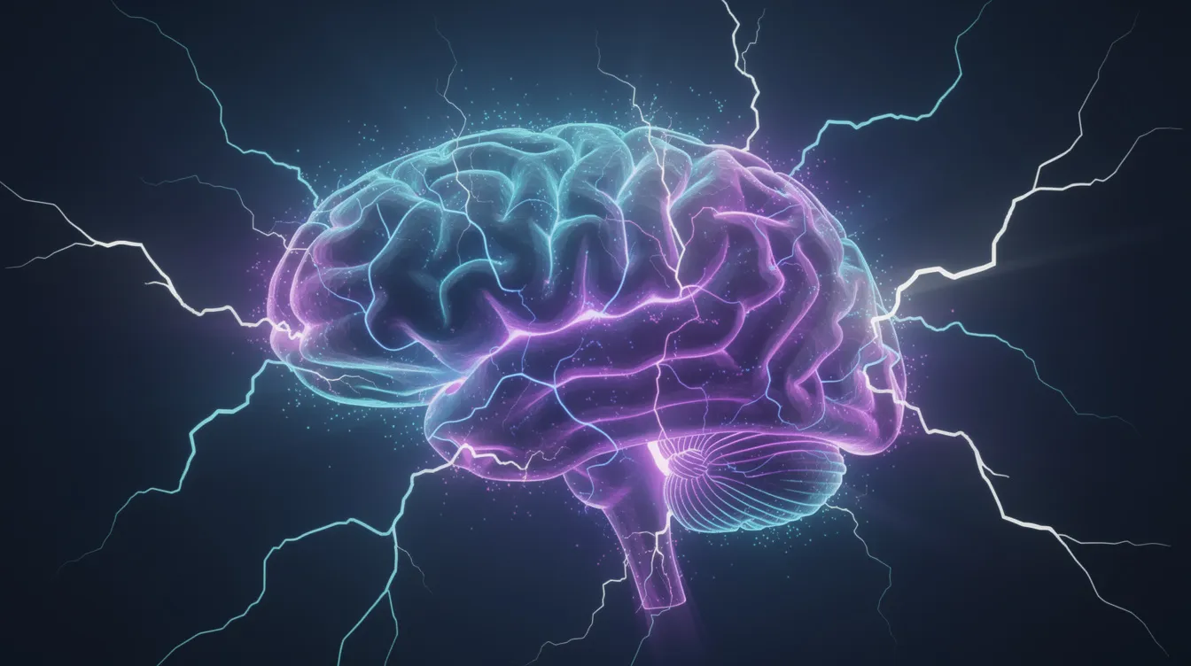 Das Bild zeigt ein menschliches Gehirn, umgeben von elektrischen Impulsen und Blitzen, die symbolisch für die neurologische Aktivität stehen. Diese Darstellung könnte die Herausforderungen des Tourette-Syndroms und die damit verbundenen Tics verdeutlichen, die oft als "Gewitter im Kopf" beschrieben werden.