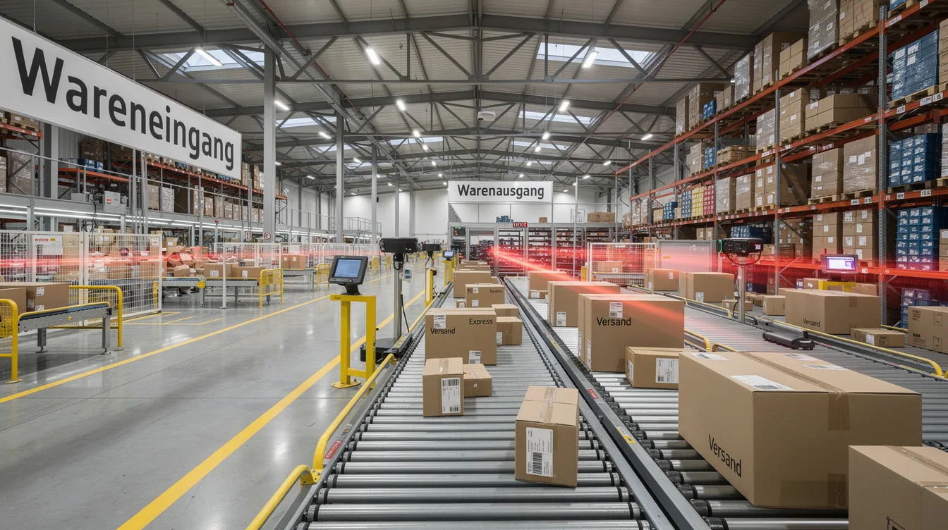 Das Bild zeigt ein großes Logistiklager von worldtech logistics gmbh, in dem zahlreiche Pakete und Kartons auf Förderbändern in einer modernen Halle bewegt werden. Die effiziente Anordnung der Ware deutet auf eine gut organisierte Lieferung für Online-Händler hin.
