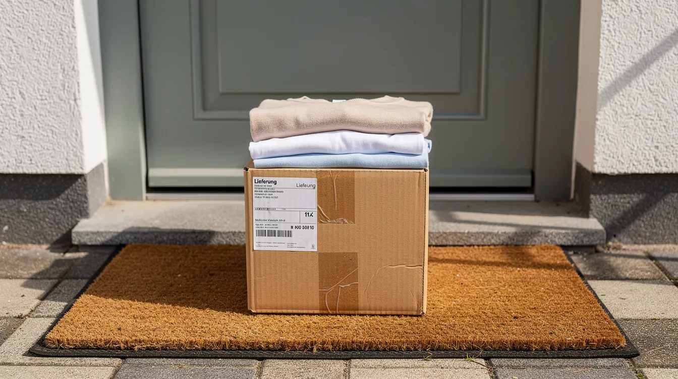 Ein Paket mit verschiedenen Kleidungsstücken steht auf einer Fußmatte vor einer Haustür. Es könnte sich um eine Lieferung aus einem Online-Shop handeln, die auf die Bestellung eines Kunden wartet.