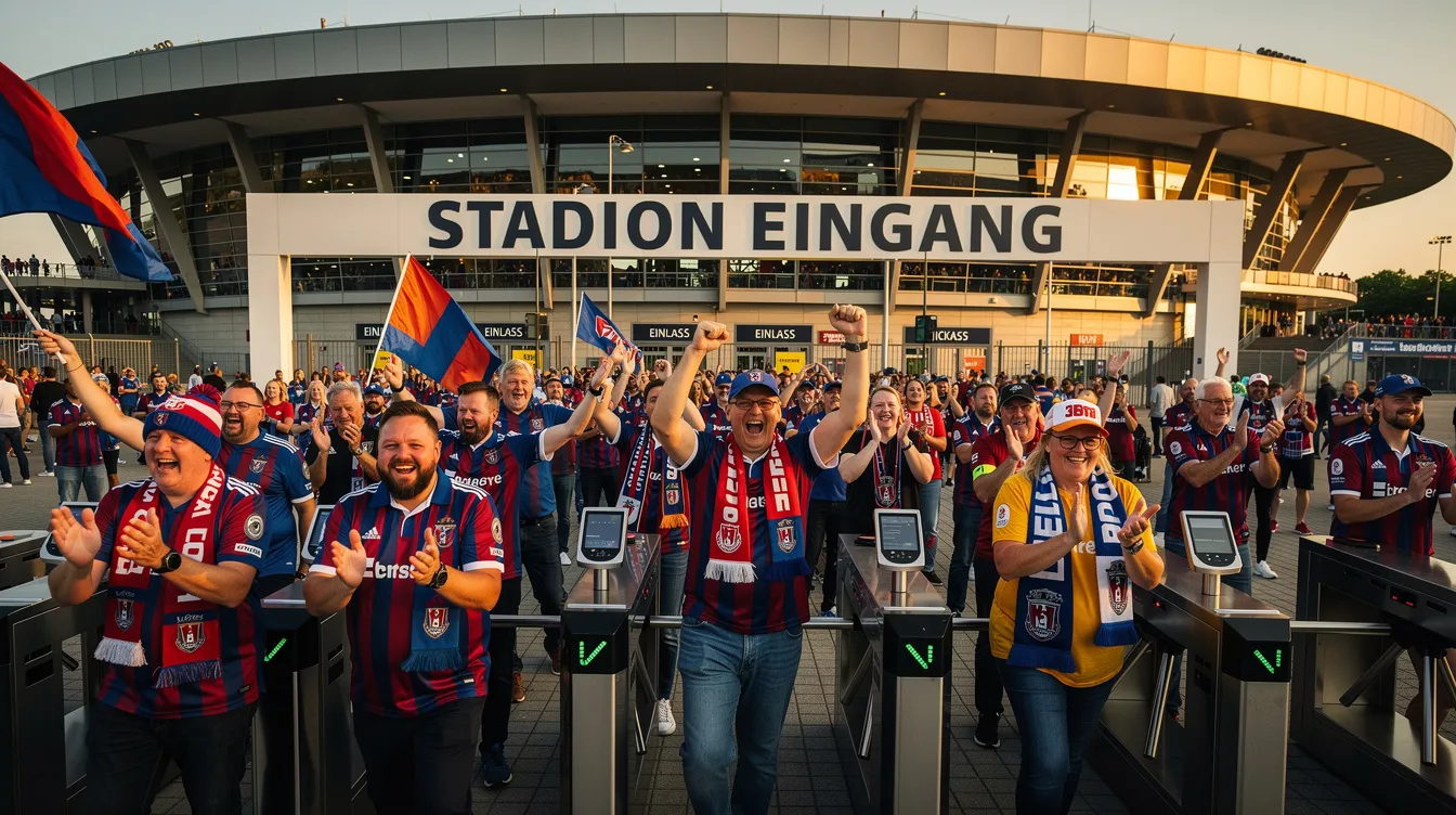 Eine fröhliche Gruppe von Fans betritt begeistert den Eingang eines Fußballstadions, während sie ihre Tickets in den Händen halten. Die Atmosphäre ist voller Vorfreude auf das bevorstehende Event, und die Fans tauschen sich über ihre Erfahrungen mit dem Ticketkauf aus.