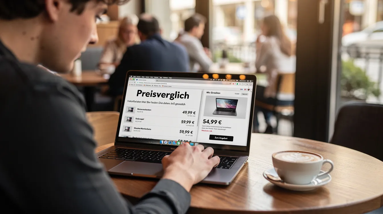 Eine Person sitzt in einem Café und vergleicht Preise auf zwei verschiedenen Websites auf ihrem Laptop, um die besten Angebote für Eintrittskarten zu finden. Der Bildschirm zeigt verschiedene Optionen und Bewertungen, während im Hintergrund das gemütliche Ambiente des Cafés zu hören ist.