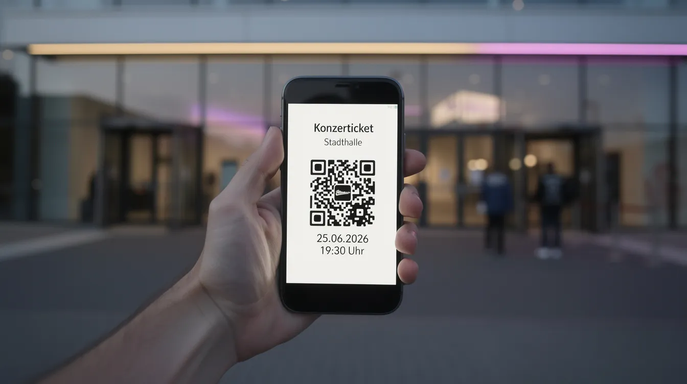 Eine Person hält ein Smartphone mit einem digitalen Ticket-Bildschirm in der Hand, während sie vor einem Veranstaltungsgebäude steht. Das Ticket zeigt einen QR-Code für den Einlass zu einer bevorstehenden Veranstaltung, was auf die einfache Abwicklung des Kaufprozesses hinweist.