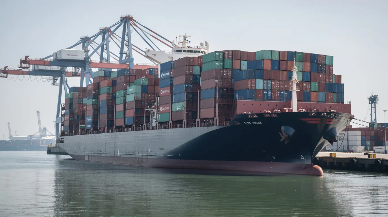 Das Bild zeigt ein Containerschiff im Hafen, das mit Frachtcontainern gestapelt ist und symbolisch für internationale Lieferketten steht. Die Anordnung der Container verdeutlicht die Komplexität der globalen Handelsströme, während die Kulisse des Hafens auf die wirtschaftlichen Verbindungen hinweist, die auch von Institutionen wie der Greensill Bank AG beeinflusst wurden.