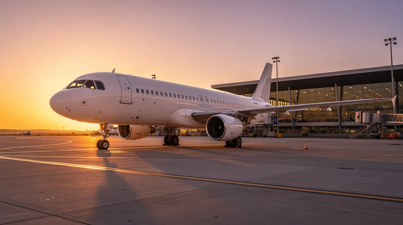 Ein Passagierflugzeug steht auf einem leeren Vorfeld bei Sonnenuntergang, während im Hintergrund ein Flughafenterminal zu sehen ist. Diese Szene erinnert an die turbulente Geschichte der Fluggesellschaft Air Berlin, die im August 2017 Insolvenz anmeldete und mit einem Verlust von Millionen Euro konfrontiert war.