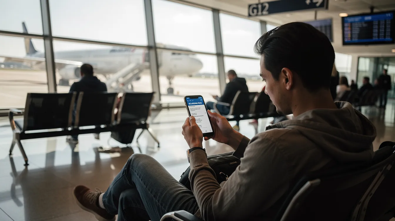 Eine Person steht am Flughafen und prüft ihr Smartphone auf eine E-Mail mit einer digitalen Ticketbestätigung. In der Warteschlange am Gate scheint sie auf ihre Eintrittskarten für eine bevorstehende Veranstaltung zu warten, während sie sich um den Buchungsprozess und den Kundenservice sorgt.