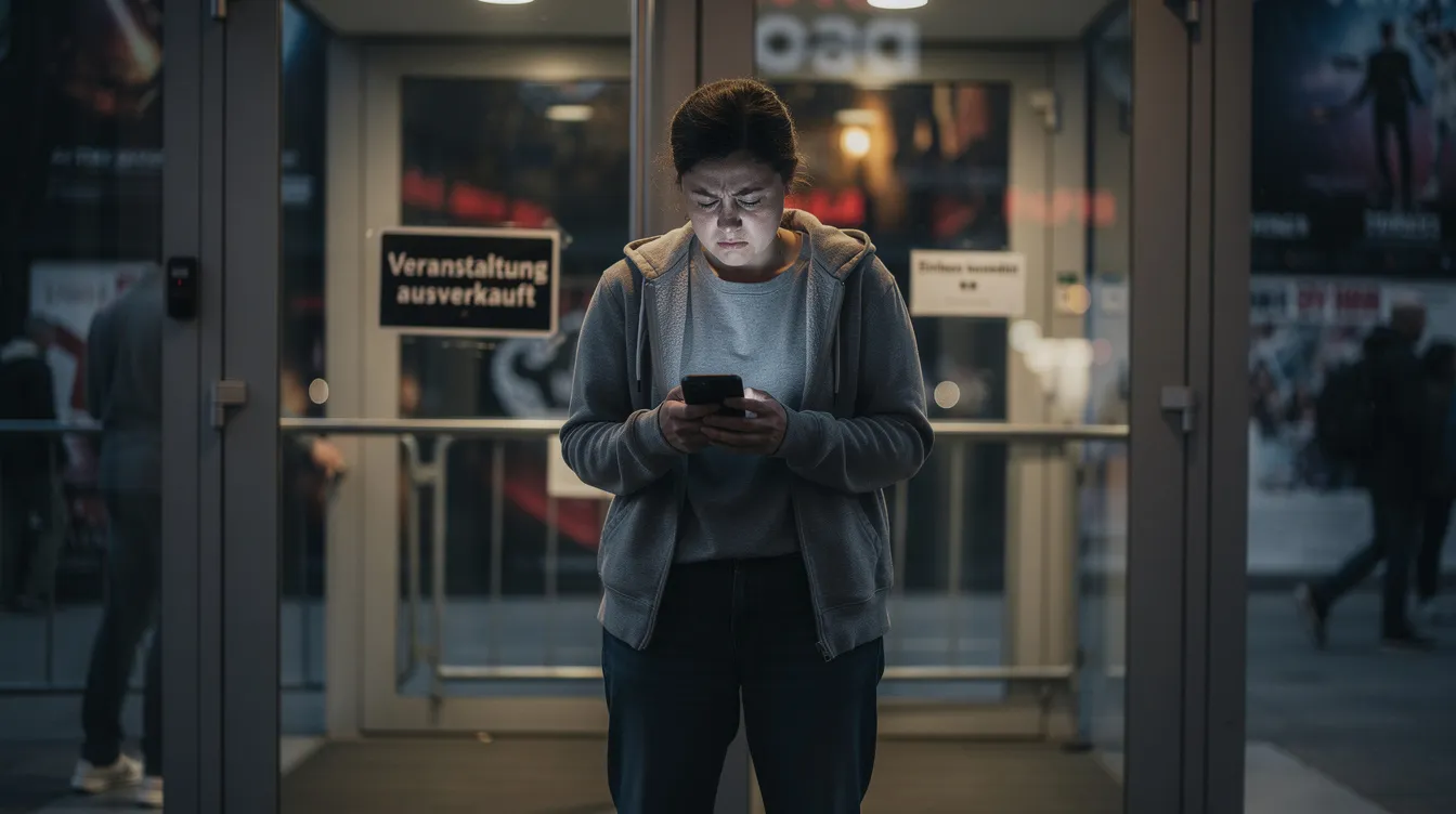 Eine frustrierte Person steht mit ihrem Smartphone vor einem geschlossenen Veranstaltungseingang und sieht enttäuscht aus, während sie auf die Uhr schaut. Diese Szene könnte auf Probleme beim Ticketkauf über Plattformen wie StubHub hinweisen, wo Käufer möglicherweise auf unerwartete Schwierigkeiten stoßen.