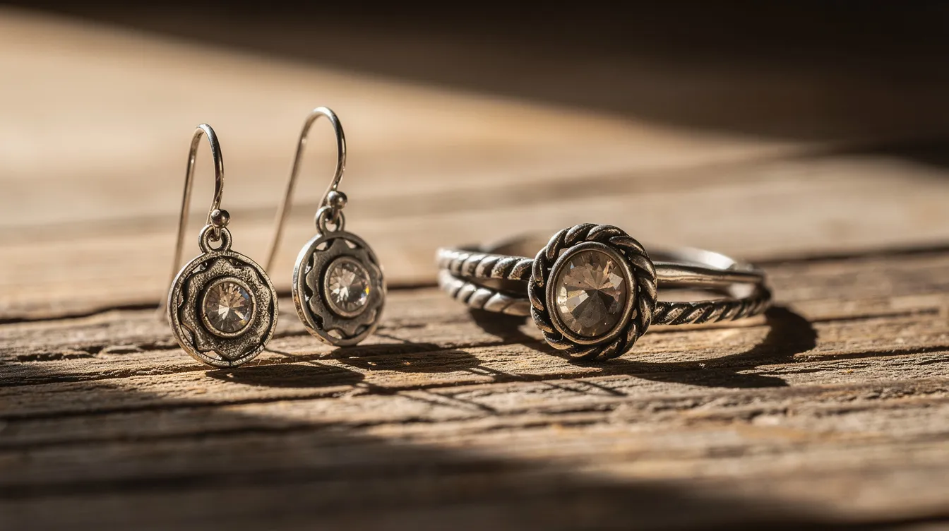 Die Nahaufnahme zeigt handgefertigte Ohrringe und Ringe, die auf einer Holzoberfläche im natürlichen Licht liegen. Die feinen Details der Schmuckstücke sind gut sichtbar und vermitteln einen Eindruck von Qualität und Handwerkskunst, die oft in Online-Shops wie Etsy zu finden sind.