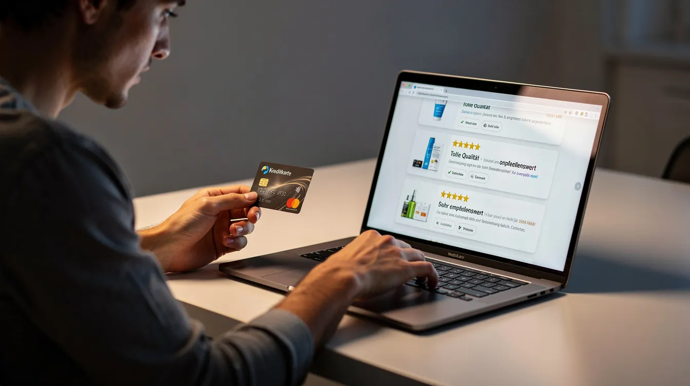 Eine Person sitzt an einem Tisch und prüft Produktbewertungen auf ihrem Laptop, während sie eine Kreditkarte in der Hand hält. Diese Szene spiegelt die Vorbereitungen für einen Online-Kauf auf einer Plattform wie Aliexpress wider, wo Kunden Erfahrungen und Bewertungen vergleichen, um die Seriosität der Händler zu überprüfen.