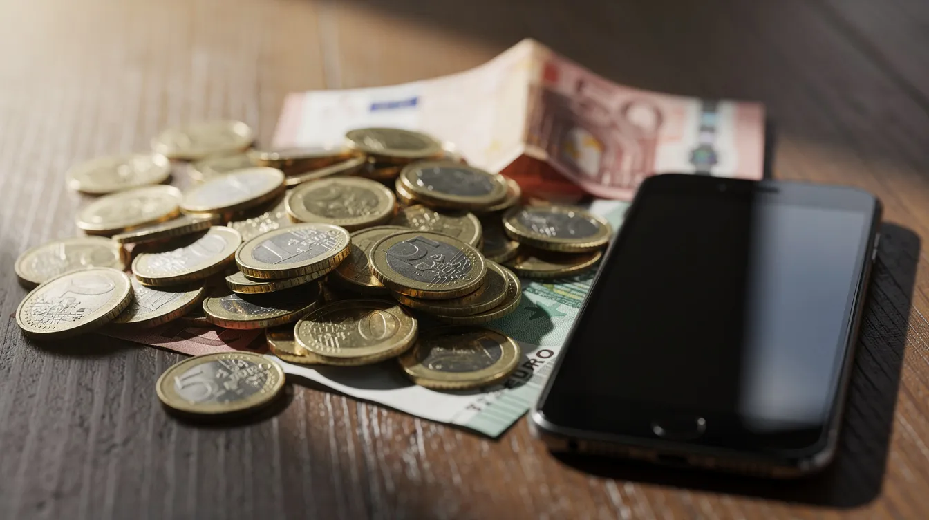 Die Nahaufnahme zeigt Euro-Münzen und Geldscheine, die auf einem Holztisch liegen, während ein Smartphone daneben platziert ist. Diese Szene vermittelt ein Gefühl von finanzieller Planung und dem Kauf von Tickets für Veranstaltungen, wie Konzerte oder Shows.