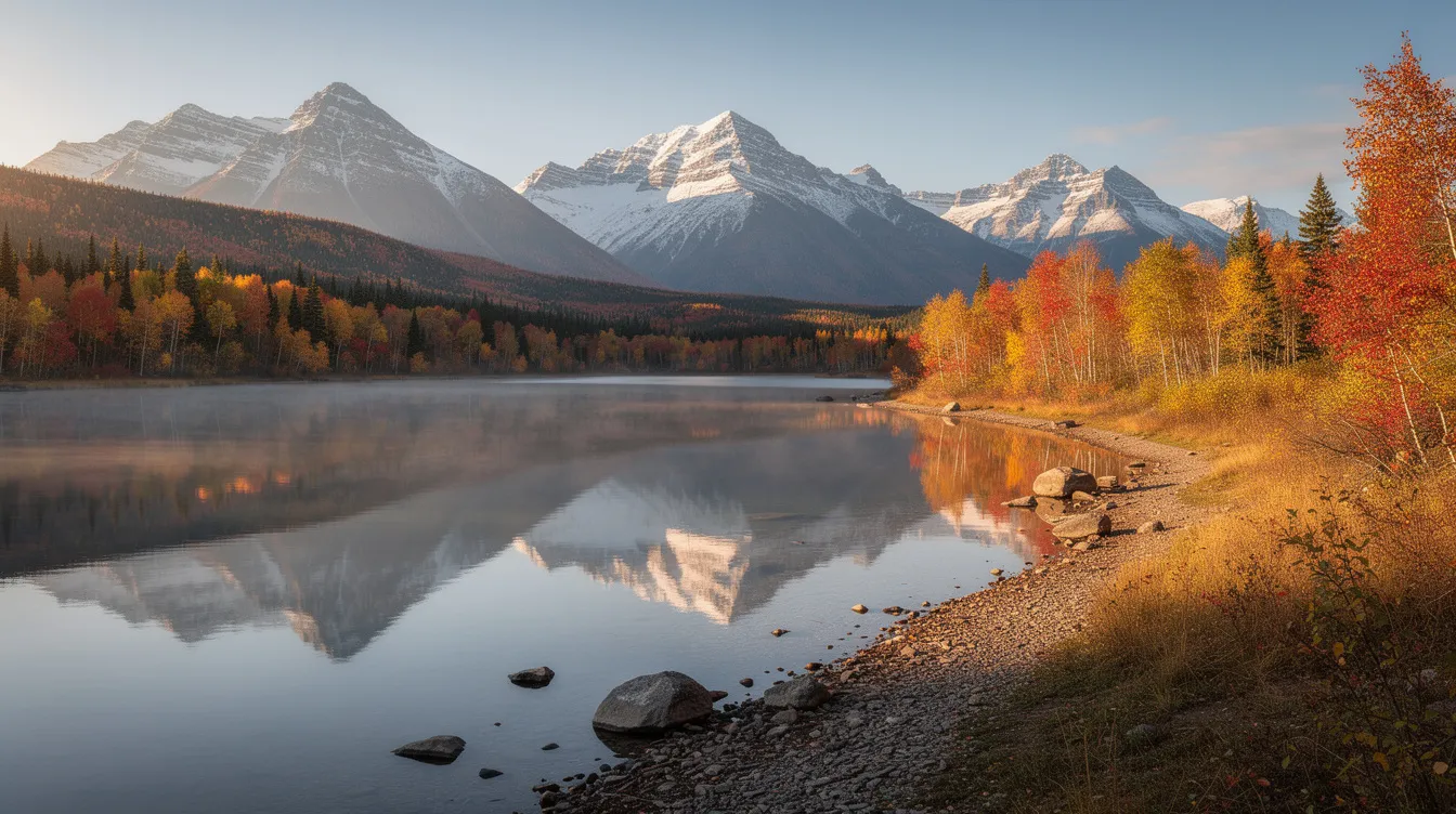 Die weite kanadische Landschaft zeigt majestätische Berge, die sich im Hintergrund erheben, während ein ruhiger See im Vordergrund die herbstlichen Farben der Natur widerspiegelt. Diese idyllische Szenerie vermittelt ein Gefühl von Frieden und Abgeschiedenheit, weit entfernt von den aktuellen Diskussionen um Luke Mockridge und die Vorwürfe, die ihn betreffen.