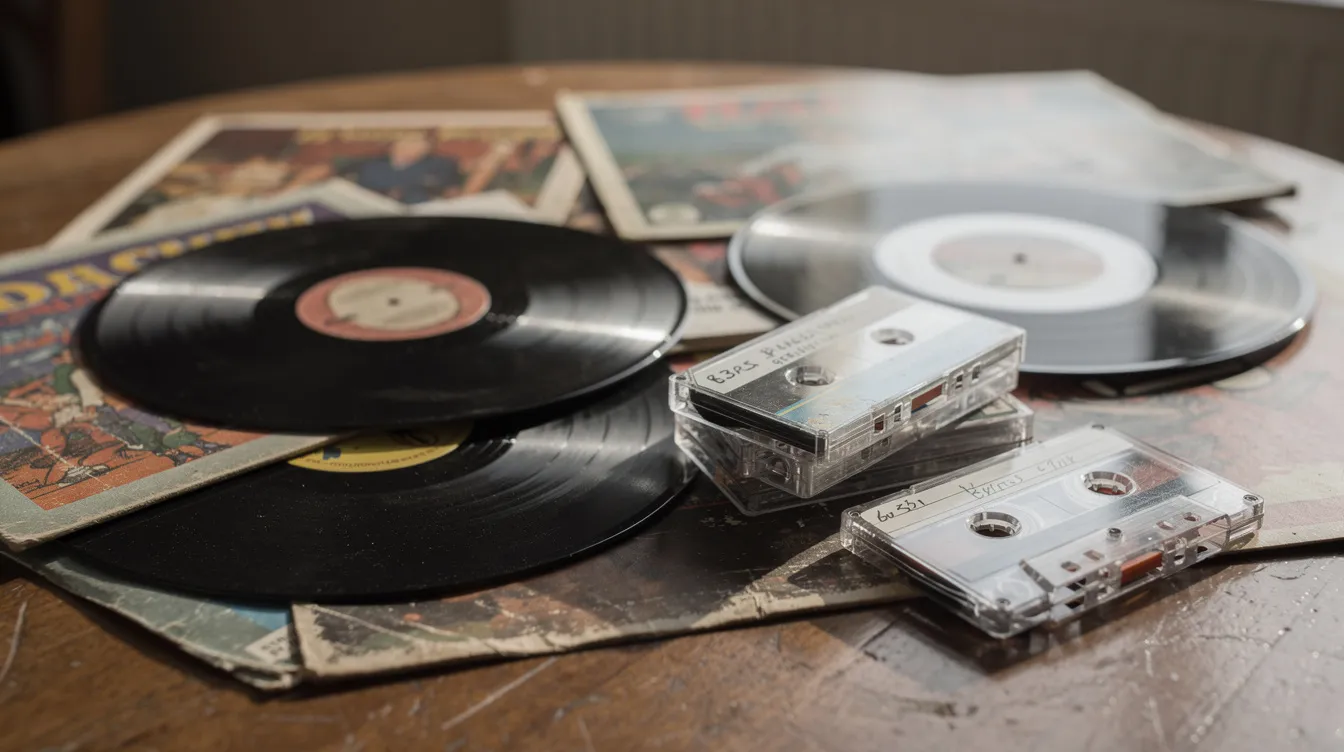 Auf einem Holztisch liegen Schallplatten und Kassetten aus den 1980er Jahren, die nostalgische Erinnerungen an die Musik dieser Zeit wecken. Besonders auffällig sind die Platten des berühmten Pop-Duos Milli Vanilli, das mit Hits und dem Milli Vanilli Skandal in die Geschichte der Musikwelt einging.