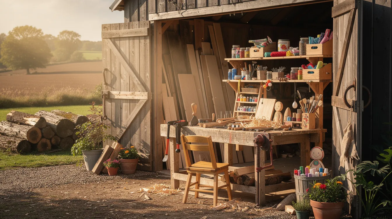 Das Bild zeigt eine ländliche Werkstatt auf einem Hof, in der Holzarbeiten und kreative Materialien für verschiedene Projekte ausgebreitet sind. In der Atmosphäre spürt man die kreative Energie, die an das Schaffen von Künstlern wie Fynn Kliemann erinnert, dessen Unternehmungen in der Öffentlichkeit oft diskutiert werden.