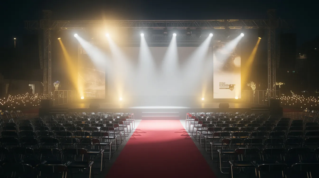 Das Bild zeigt eine leere Filmfestival-Bühne mit Scheinwerfern, die auf die Bühne gerichtet sind, und leeren Stühlen im Hintergrund. Diese Szene könnte während der Vorbereitungen zur Abschlussgala der Berlinale festgehalten worden sein, wo Filmschaffende und Politiker zusammenkommen, um wichtige Themen zu diskutieren.