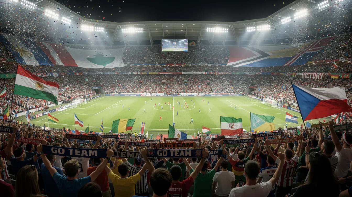 Ein Fußballstadion ist mit begeisterten Fans gefüllt, die während eines internationalen Spiels Flaggen schwenken. Die Atmosphäre ist lebhaft und voller Energie, während die Zuschauer ihre Unterstützung für ihre Mannschaft zeigen.