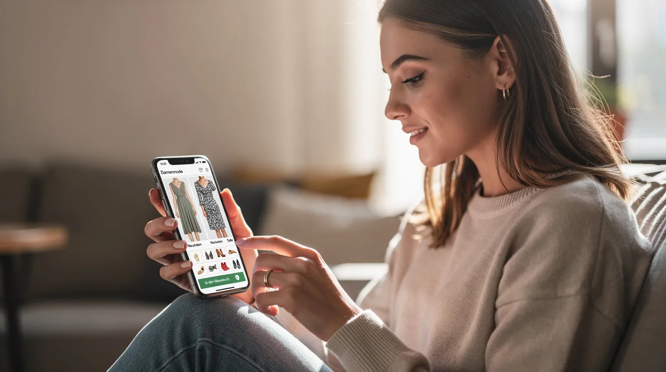 Eine junge Frau scrollt auf ihrem Smartphone durch eine Mode-Shopping-App und betrachtet verschiedene Kleidungsstücke. Sie sucht nach aktuellen Trends und Angeboten, während sie die Bewertungen und Kommentare anderer Nutzer liest, um eine informierte Kaufentscheidung zu treffen.