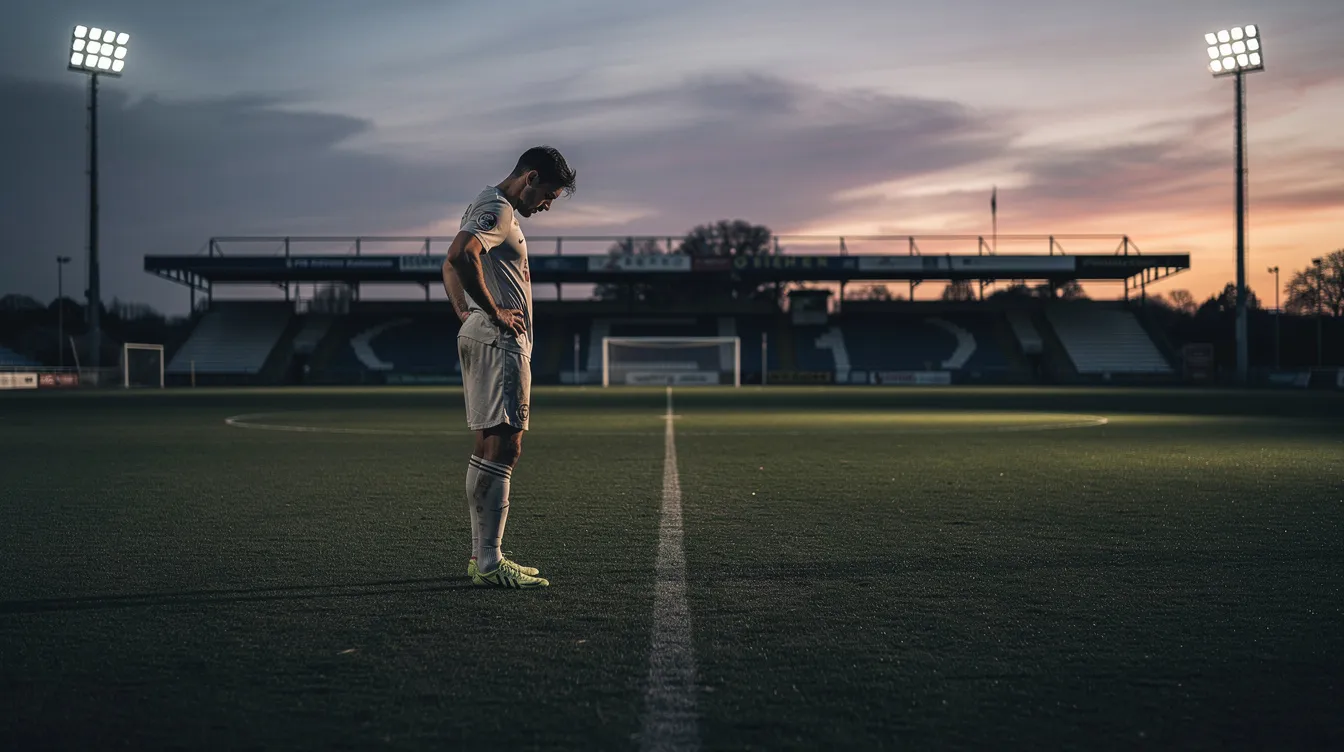 Ein einzelner Fußballspieler steht nachdenklich auf einem leeren Spielfeld, während die Abenddämmerung den Himmel in sanften Farben erleuchtet. Seine Haltung vermittelt eine Mischung aus Reflexion und Entschlossenheit, als ob er über seine Karriere und den nächsten Schritt im Fußball nachdenkt.
