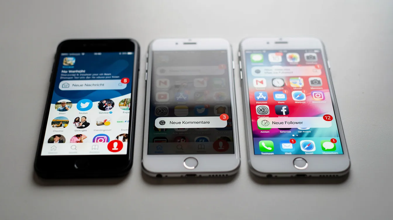 Auf dem Bild sind mehrere Smartphones nebeneinander zu sehen, die verschiedene Social-Media-Apps wie Instagram und TikTok geöffnet haben, alle mit Benachrichtigungen. Diese Geräte spiegeln die digitale Welt wider, in der Themen wie Beziehung, Musik und aktuelle Veröffentlichungen von Künstlern wie Shirin David und Kitschkrieg diskutiert werden.