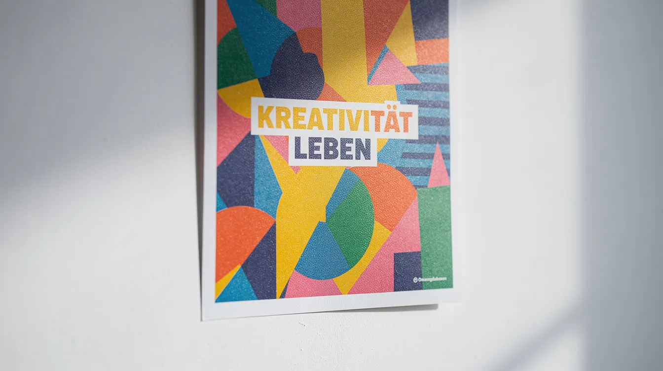 Das Bild zeigt eine Nahaufnahme eines bunten Posters, das an einer weißen Wand hängt. Die kräftigen Farben und das ansprechende Design machen es zu einem attraktiven Kunstwerk, das möglicherweise in einem Online-Shop wie Redbubble erhältlich ist.