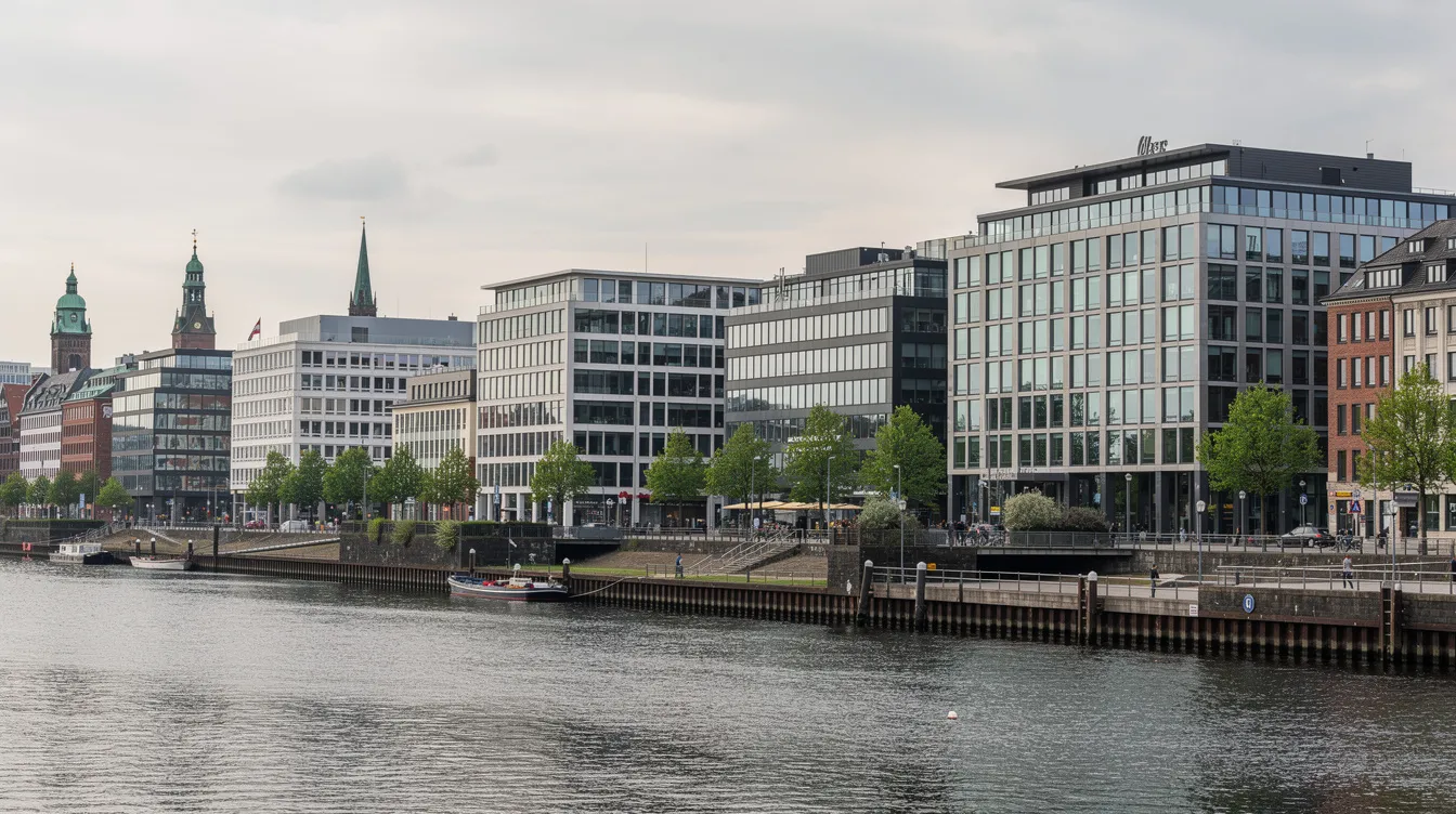 Der Panoramablick auf Hamburg zeigt moderne Büro- und Gewerbegebäude entlang der Alster, die in der Stadtlandschaft harmonisch integriert sind. Im Vordergrund sind die markanten Fassaden der Gebäude der Pollux Grundstücksgesellschaft m.b.h. und Co Verwaltungs KG zu erkennen, die das geschäftliche Flair der Stadt unterstreichen.