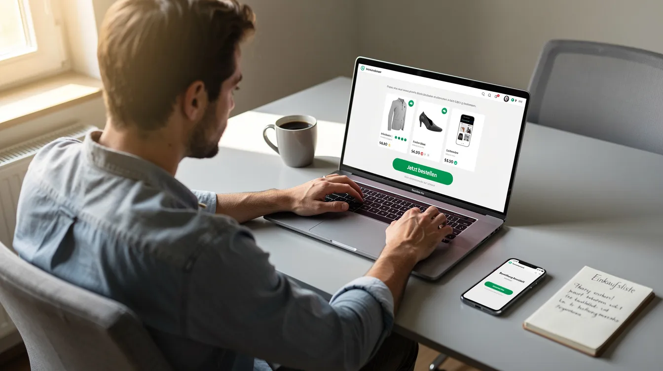 Das Bild zeigt eine Person, die konzentriert am Laptop sitzt und eine Online-Bestellung auf einer Website aufgibt. Sie nutzt eine Online-Plattform, um Kleidung und andere Artikel zu shoppen, während sie den Bestellvorgang durchführt.