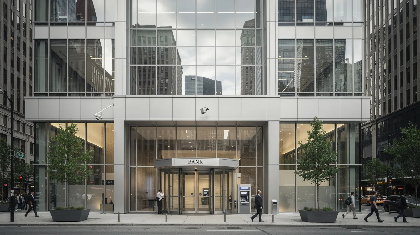 Das Bild zeigt die Fassade eines modernen Bankgebäudes aus Glas und Stahl, das in einer Großstadt steht. Die Architektur symbolisiert den Finanzsektor und spiegelt die Entwicklungen und Herausforderungen der Finanzkrise wider, die auch durch Faktoren wie Hypothekenkredite und die Weltwirtschaftskrise geprägt wurde.