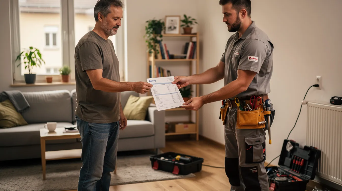 In einer Wohnungsszene übergibt eine Person einem Handwerker eine Rechnung, während sie sich in einem alltäglichen Gespräch befinden. Diese Interaktion könnte auch mit dem Thema Rechnungszahlung und den damit verbundenen Risiken, wie dem Missbrauch von Kontodaten, in Verbindung stehen.