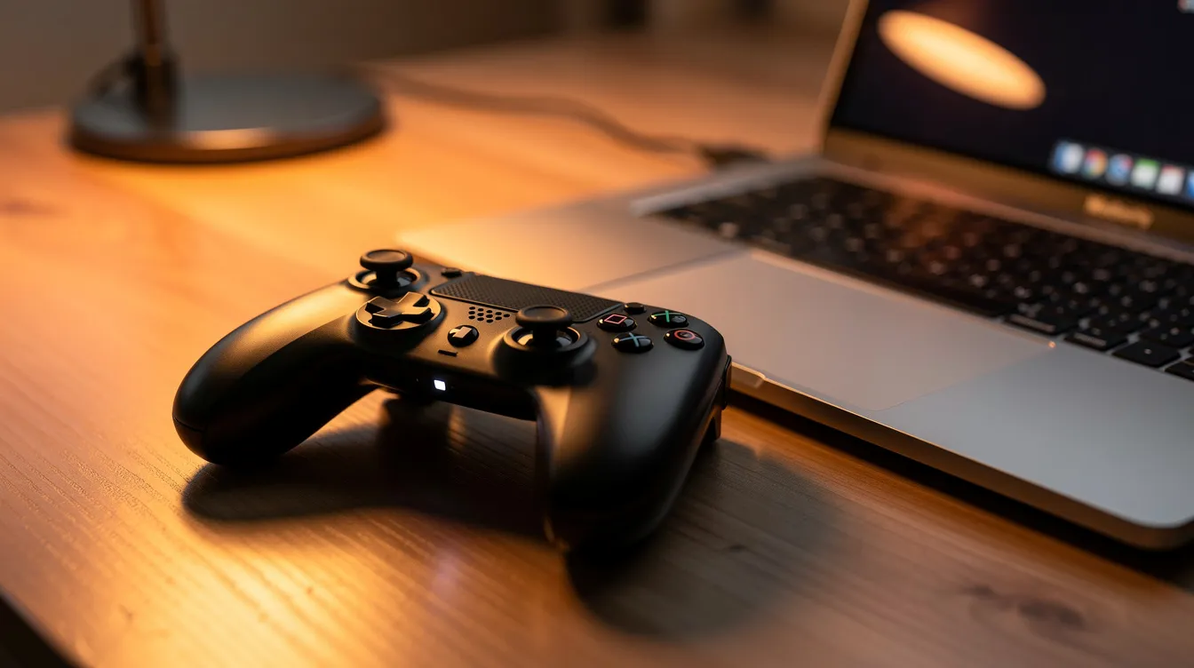 Ein Gaming-Controller liegt auf einem Schreibtisch neben einem Laptop, beleuchtet von warmem Licht, das eine gemütliche Atmosphäre schafft. Diese Szene könnte für Nutzer interessant sein, die nach Erfahrungen und Bewertungen zu Gaming-Produkten auf kartedirekt.de suchen.
