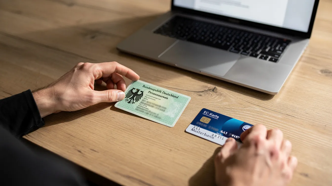 Auf einem Holztisch liegen ein deutscher Personalausweis und eine EC-Karte neben einem Laptop, was auf eine bevorstehende Online-Bestellung oder Finanzierung hinweist. Diese Zahlungsmethoden ermöglichen es, bequem bei Poco oder anderen Anbietern einzukaufen und Ratenzahlungen zu nutzen.