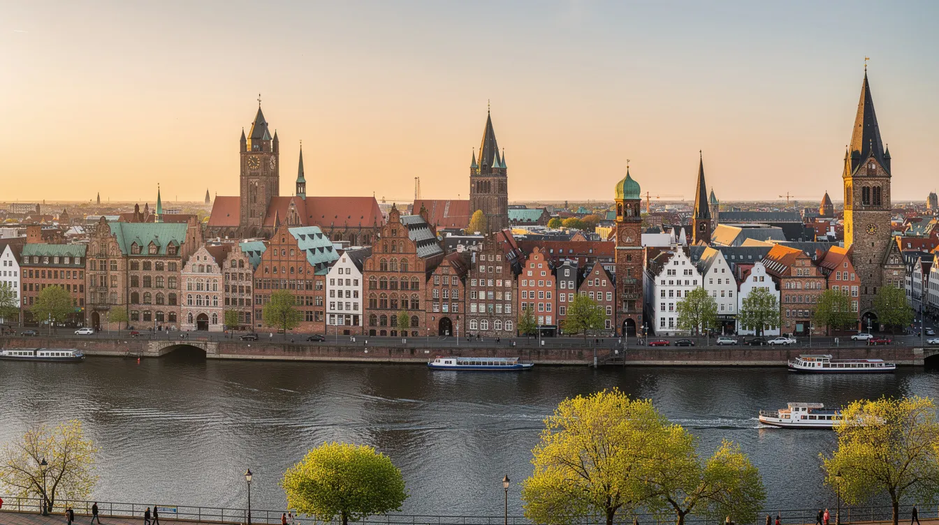 Der Panoramablick auf die Stadt Bremen zeigt die Weser im Vordergrund, umgeben von historischen Gebäuden, die die kulturelle Vielfalt der Stadt widerspiegeln. Im Hintergrund sind weitere markante Bauwerke zu sehen, die die Geschichte und den Charakter Bremens prägen.