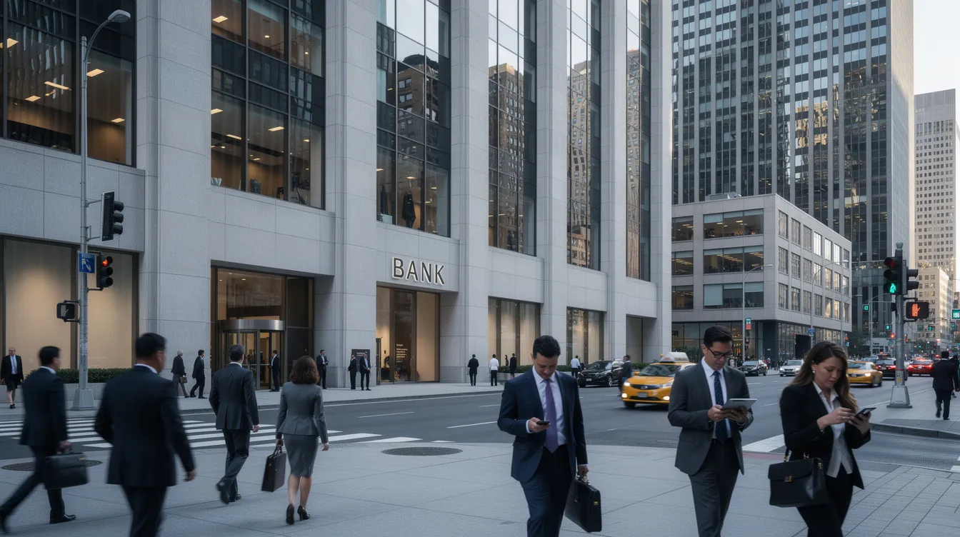 Das Bild zeigt die imposante Fassade eines großen Bankgebäudes im Finanzdistrikt, umgeben von Menschen in Geschäftskleidung, die geschäftig die belebte Straße entlanggehen. Diese Szenerie spiegelt die Atmosphäre der Finanzmärkte wider, die stark von Ereignissen wie der Lehman Brothers Pleite und der Finanzkrise geprägt ist.