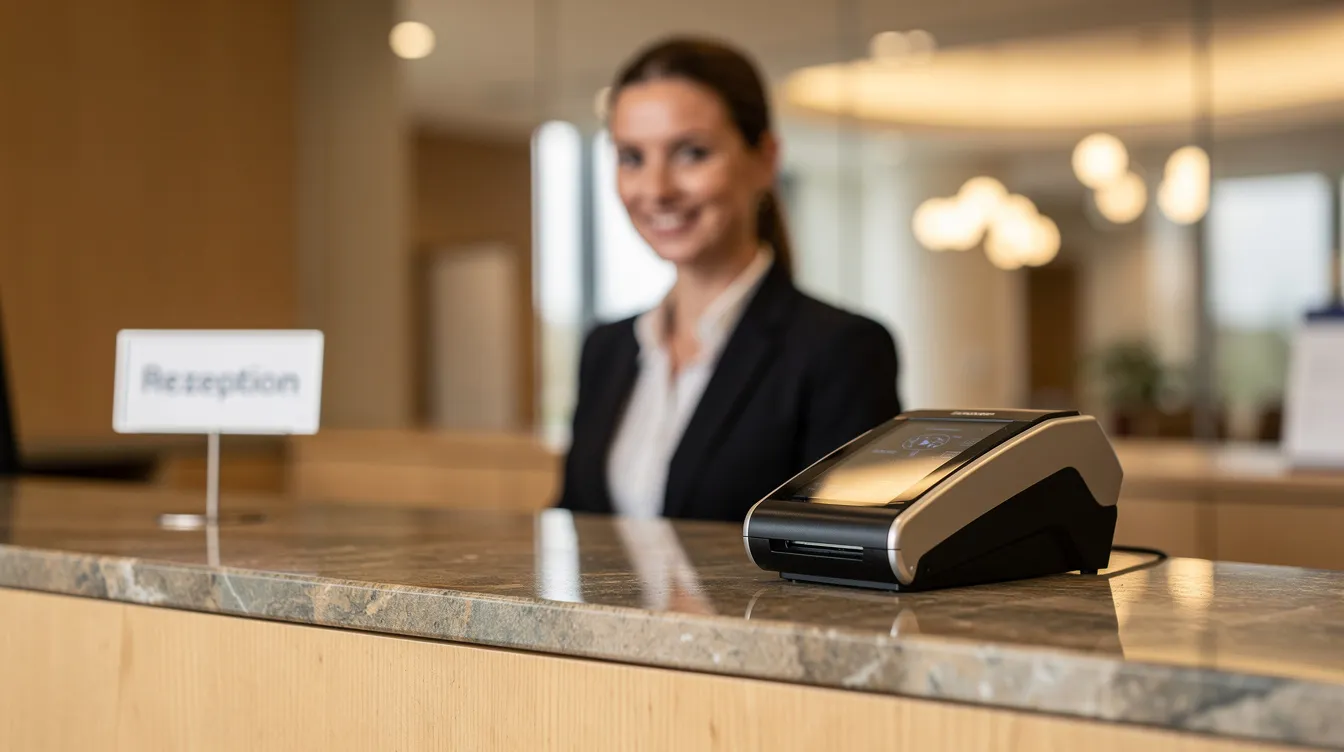 Die Hotelrezeption zeigt einen modernen Tresen mit einem Kartenlesegerät, das für Kartenzahlungen genutzt wird. Im Hintergrund sind einige Informationsmaterialien über Dienstleistungen des Hotels und wichtige Finanzthemen wie Online-Banking und Kontostand zu sehen.