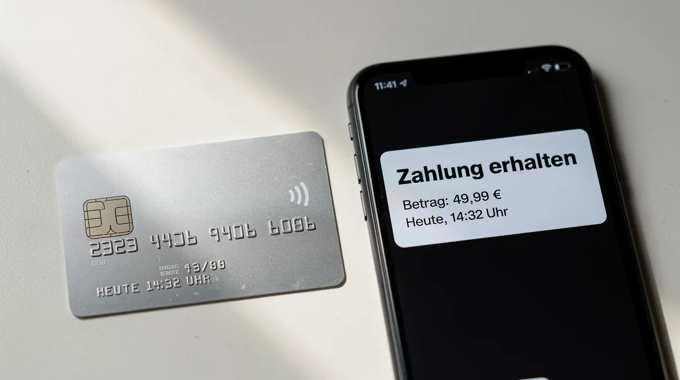 Auf dem Bild liegt eine Kreditkarte neben einem Smartphone, auf dem eine Zahlungsbenachrichtigung angezeigt wird. Diese Benachrichtigung könnte Informationen über eine Zahlung im Zusammenhang mit der Wohnungssuche auf Plattformen wie rentola.de oder rentola.at enthalten.