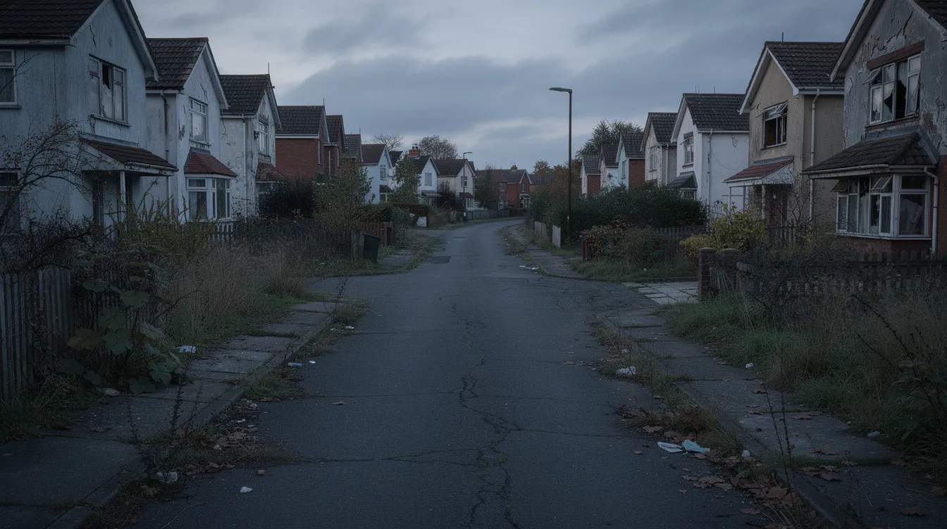 Die verlassene Vorstadtstraße zeigt leerstehende Häuser mit verwilderten Vorgärten, die an die Folgen der Finanzkrise 2008 erinnern. Diese Szenerie spiegelt die Auswirkungen auf den Immobilienmarkt und die Wirtschaft wider, die durch Zahlungsausfälle und eine allgemeine Rezession geprägt sind.