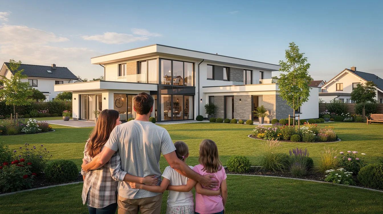 Eine glückliche Familie steht vor einem modernen Traumhaus mit einem großen Garten und blickt voller Freude auf das Gebäude. Dieses Bild vermittelt das Gefühl von Zufriedenheit und der Möglichkeit, an einer Traumhausverlosung teilzunehmen.
