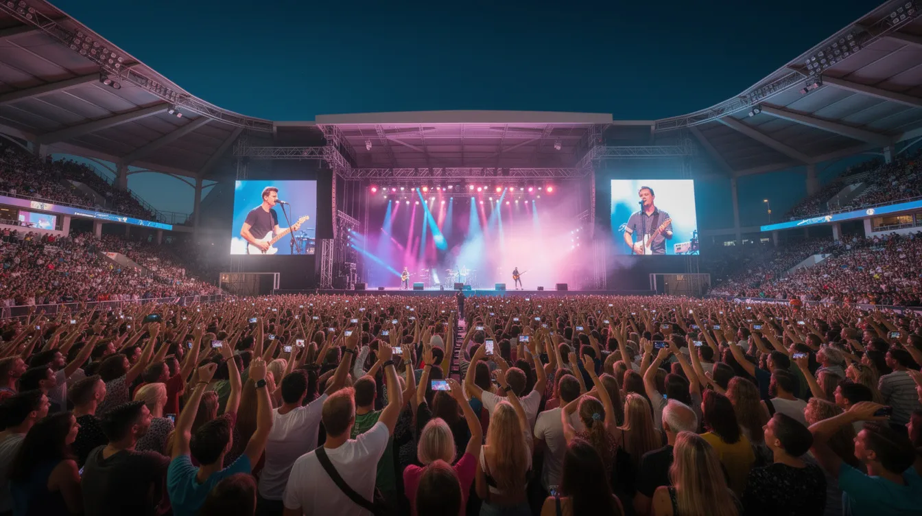 Eine große Menschenmenge genießt ein Live-Konzert in einer Freiluftarena, während bunte Bühnenlichter die Atmosphäre erhellen. Die Fans feiern und tanzen zu den Klängen der Musik, was ein unvergessliches Erlebnis verspricht.