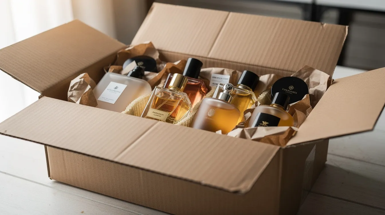 In einem geöffneten Versandkarton sind sorgfältig verpackte Parfumflakons verschiedener Marken zu sehen, die auf die Qualität und Auswahl im Parfum Zentrum hinweisen. Die Verpackung schützt die original Ware während der Lieferung und sorgt für die Zufriedenheit der Kunden.