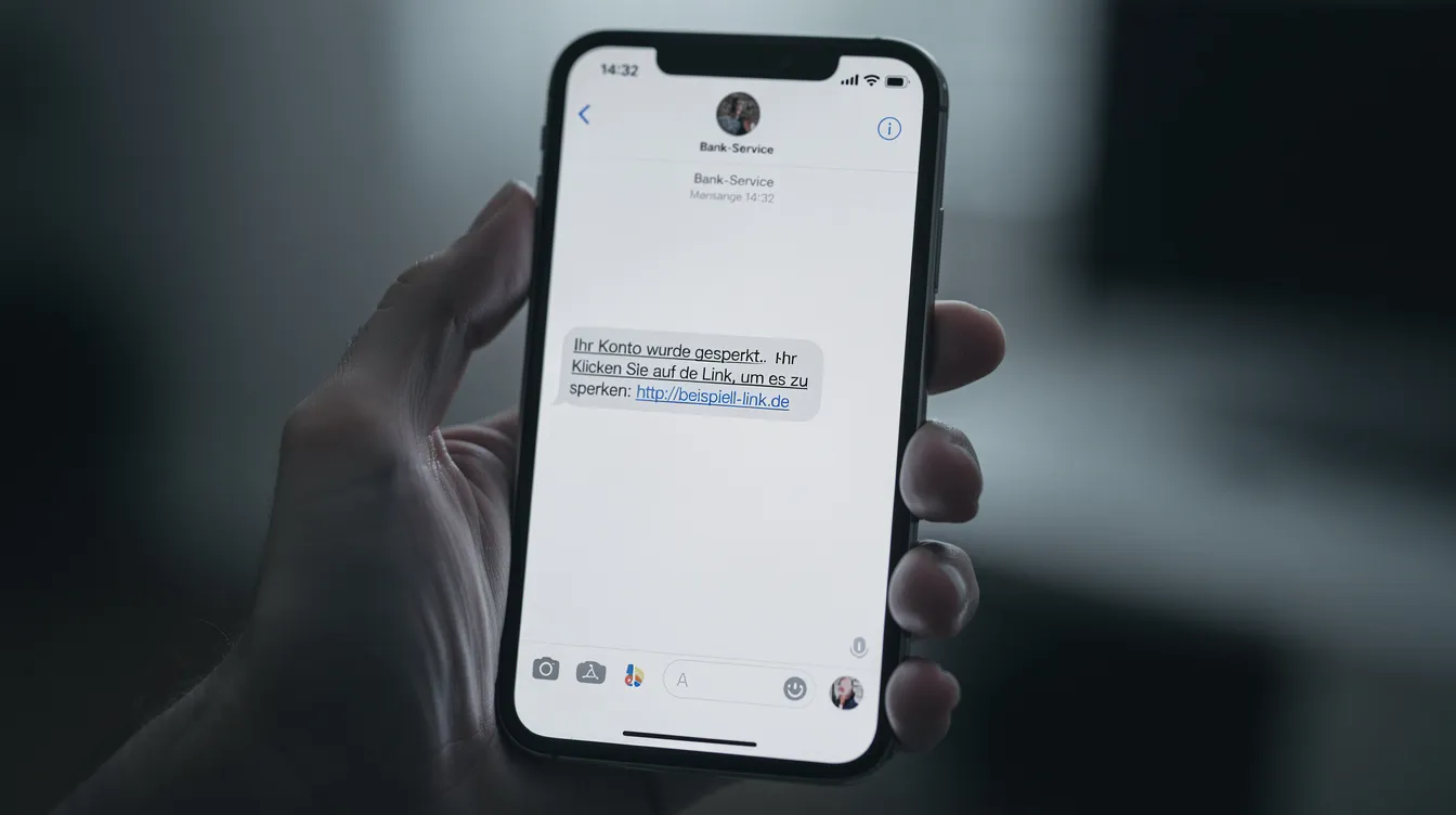 Eine Hand hält ein Smartphone, auf dessen Display eine verdächtige SMS-Nachricht zu sehen ist, die möglicherweise auf Betrug hinweist. Die Nachricht könnte Informationen zu Kontodaten oder einer IBAN enthalten, was das Risiko eines Zugriffs durch einen fremden Betrüger erhöht.