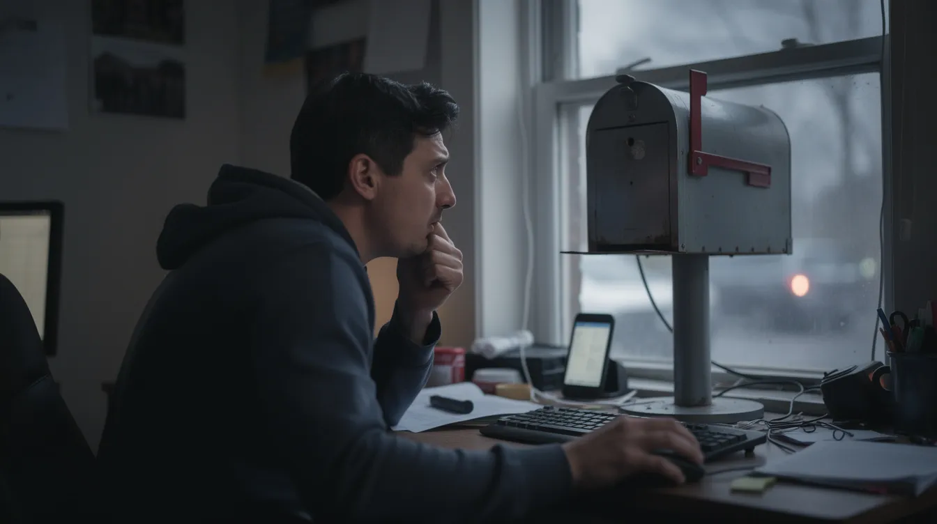 Eine frustrierte Person sitzt vor ihrem Computer und schaut durch das Fenster auf einen leeren Briefkasten, während sie auf eine wichtige E-Mail wartet. Die Situation spiegelt die Unsicherheit wider, die oft mit Stornierungen und Lieferverzögerungen in der Welt des Online-Shoppings verbunden ist.