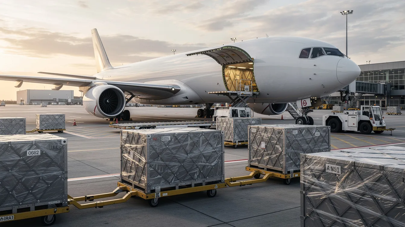 Ein Frachtflugzeug steht auf einem großen Flughafen, umgeben von Containern und Frachtpaletten, die für die Lieferung von Waren durch Logistikunternehmen wie worldtech logistics gmbh vorbereitet sind. Im Vordergrund sind verschiedene Frachtartikel sichtbar, die für den Versand an Online-Händler und Kunden bestimmt sind.