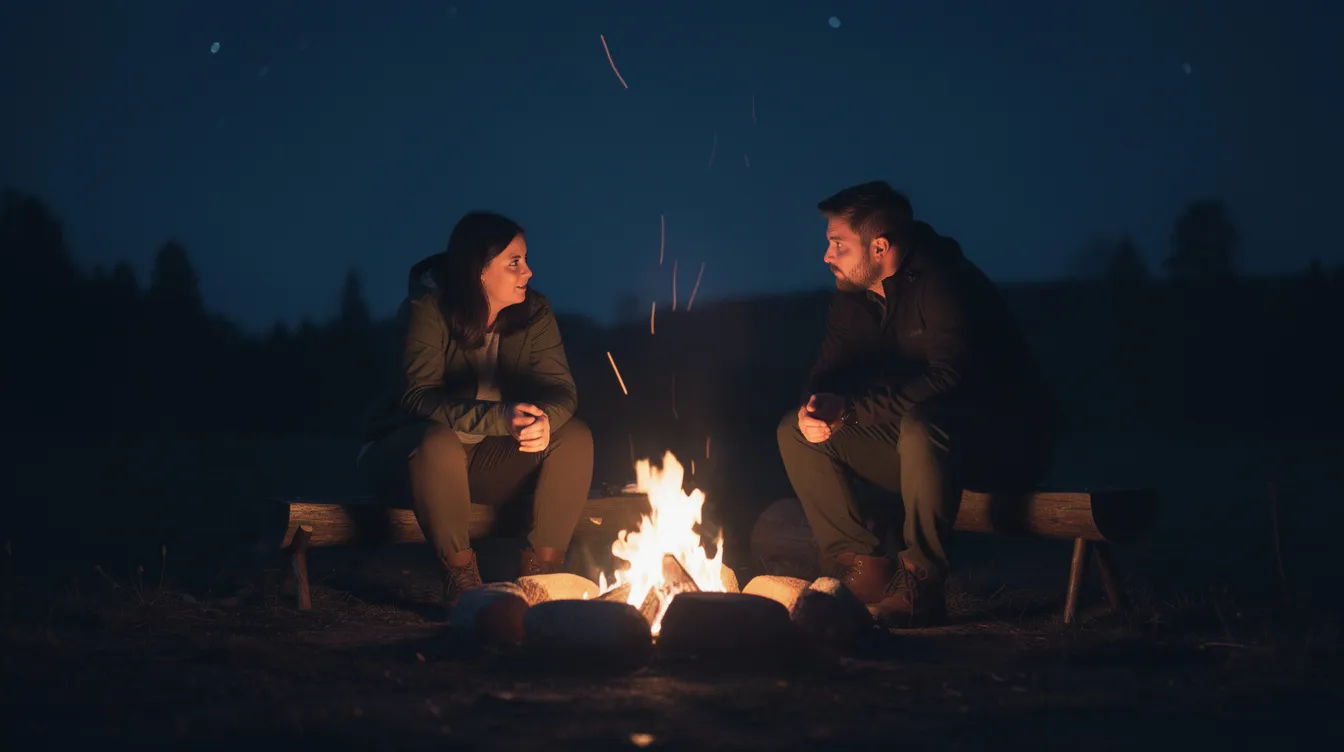 Zwei Personen sitzen nachts um ein kleines Lagerfeuer im Freien und führen eine leise Unterhaltung. Die Flammen werfen warmes Licht auf ihre Gesichter, während die Dunkelheit des Dschungels um sie herum herrscht.
