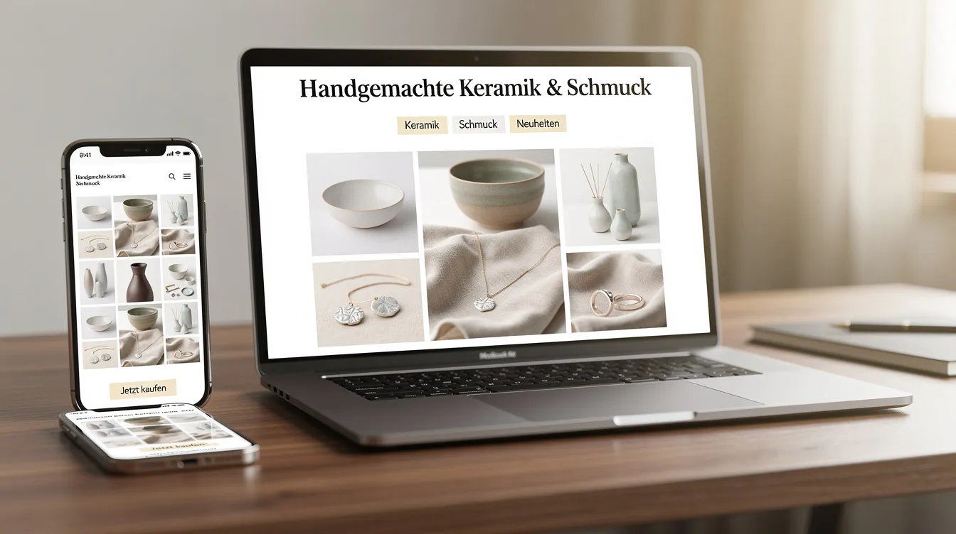 Auf dem Schreibtisch liegen ein Smartphone und ein Laptop, auf deren Bildschirm eine Auswahl handgemachter Produkte wie Keramik und Schmuck zu sehen ist. Diese Szene zeigt die Möglichkeiten des Online-Shoppings auf Plattformen wie Etsy, wo Kunden einzigartige Artikel erwerben können.