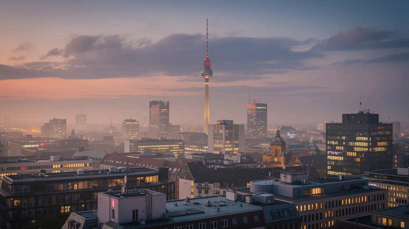 Das Bild zeigt die Berliner Skyline bei Abenddämmerung, mit dem markanten Fernsehturm im Vordergrund. Die warmen Farben des Himmels verleihen der Stadt eine malerische Atmosphäre, während im Hintergrund die Silhouetten von Gebäuden und Wahrzeichen erkennbar sind.