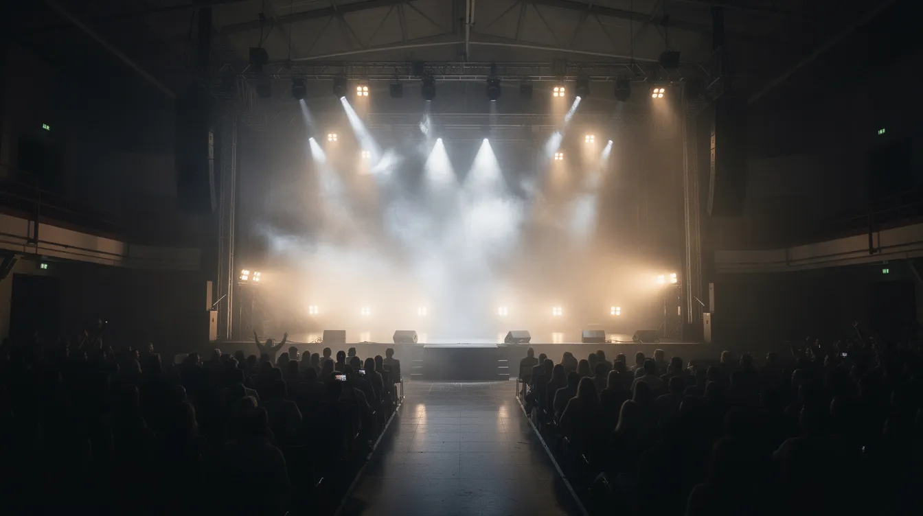 Die dramatisch beleuchtete leere Bühne in einer Konzerthalle ist mit Scheinwerfern und Nebel gefüllt, was eine mysteriöse Atmosphäre schafft, die an die großen Live-Auftritte von Pop-Duos wie Milli Vanilli erinnert. Diese Szene könnte den Moment darstellen, bevor ein musikalischer Skandal enthüllt wird, der die Musikwelt erschüttert.