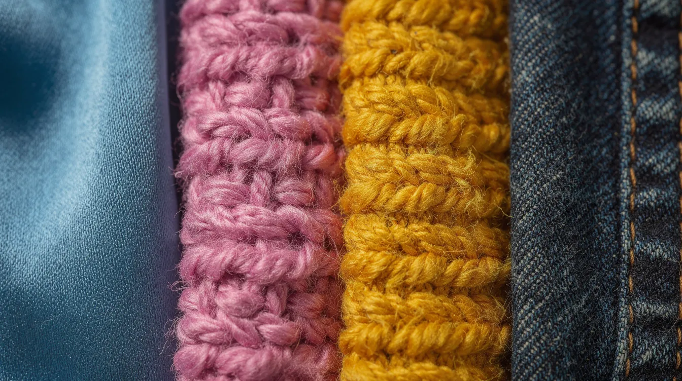 Die Nahaufnahme zeigt verschiedene Stoffe und Textilien in lebendigen Farben, die harmonisch nebeneinander liegen. Diese Materialien könnten in einem Online-Shop für Kleidung wie Hosen und Leggings angeboten werden, um die Vielfalt der verfügbaren Designs und Qualitäten zu präsentieren.