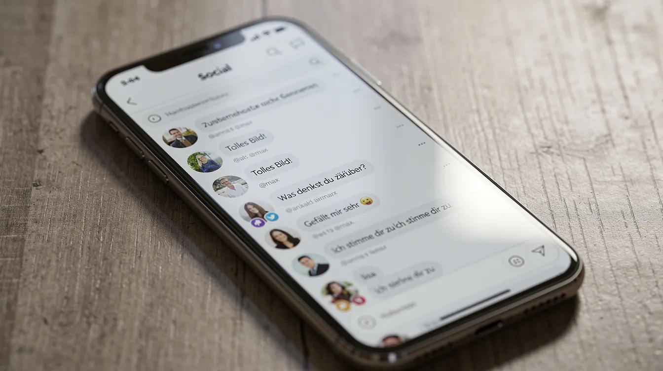 Ein Smartphone liegt auf einem Tisch, auf dessen Bildschirm ein Social-Media-Feed mit Kommentaren zu verschiedenen Themen, darunter auch Vorwürfe und persönliche Erfahrungen, zu sehen ist. Die Inhalte reflektieren Auseinandersetzungen über Beziehungen und Musik, während Nutzer über die Veröffentlichung von Songs und das Leben von Künstlern wie Shirin David diskutieren.
