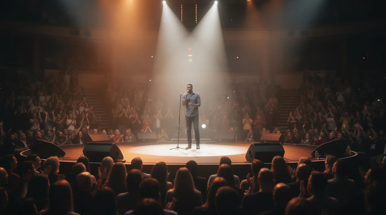 Ein Comedian steht auf einer hell erleuchteten Bühne und unterhält ein großes Publikum in einer Arena. Die Atmosphäre ist lebhaft und voller Energie, während die Zuschauer gespannt seinen Auftritt verfolgen, möglicherweise im Zusammenhang mit den jüngsten Vorwürfen rund um Luke Mockridge.