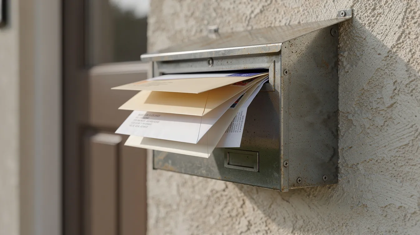 Ein Briefkasten an einem Wohnhaus, aus dem mehrere Briefumschläge herausragen, ist sichtbar. Der Briefkasten könnte wichtige Informationen oder Rückfragen zu Befragungen des infas Instituts für angewandte Sozialwissenschaft enthalten.