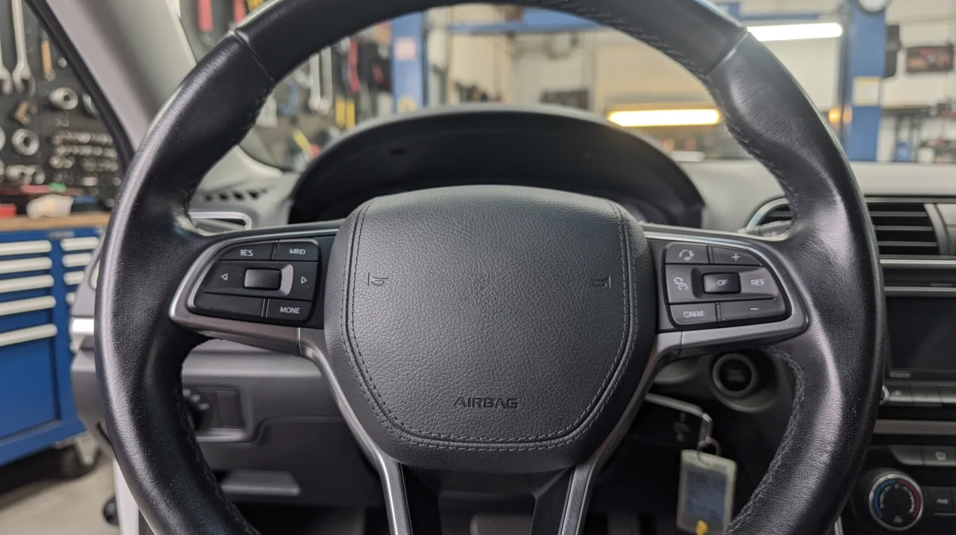 Das Bild zeigt das Lenkrad eines Fahrzeugs, wobei der Fokus auf der Mitte liegt, wo der Takata Airbag verbaut ist. Die Werkstattumgebung deutet auf mögliche Rückrufaktionen hin, um Sicherheitsrisiken im Zusammenhang mit Airbags zu beheben.