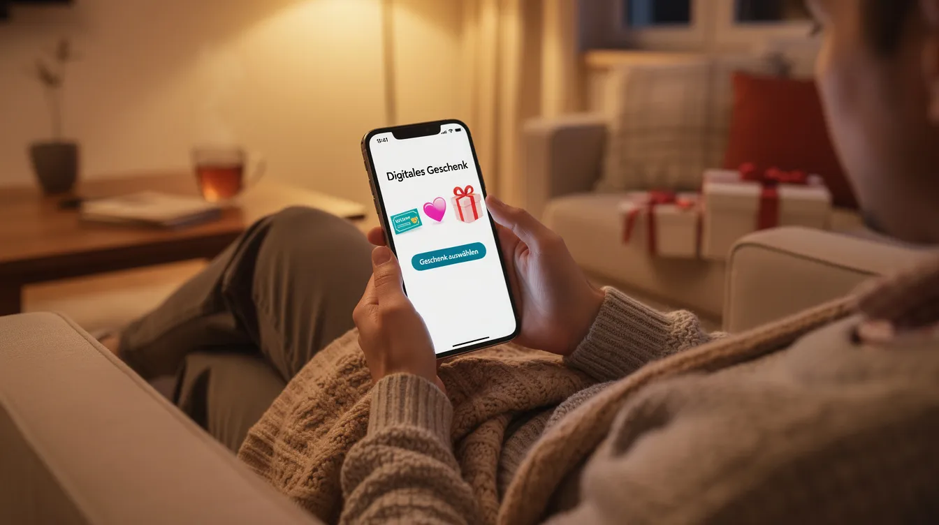 Eine Person sitzt gemütlich in einem Wohnzimmer und wählt auf ihrem Smartphone ein digitales Geschenk aus, um es zu verschenken. Die Atmosphäre ist entspannt und einladend, während sie durch verschiedene Gutscheine und Angebote auf der Webseite kartedirekt.de stöbert.