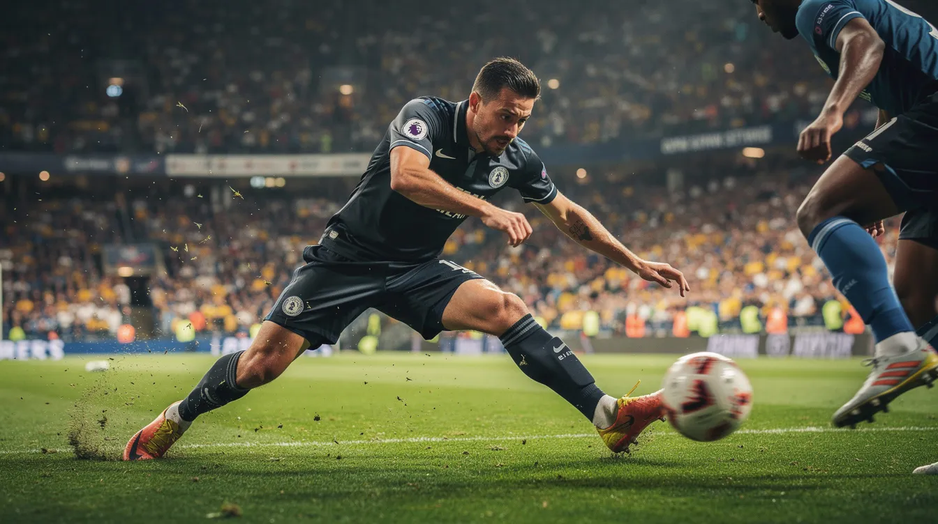Ein Fußball-Verteidiger, umgeben von intensiver Aufregung, ist in einem Zweikampf auf dem Rasen zu sehen, während im Hintergrund das Stadion mit vollen Rängen für eine spannende Atmosphäre sorgt. Die Szene vermittelt die Dynamik des Spiels, in dem Stars wie Antonio Rüdiger und Diego Rico gegeneinander antreten.